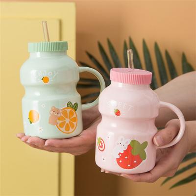 China Lovely cartoon yogurt milk bottle child creative sustainable Korean cute water porcelain cup porcelain cup with straw for sale