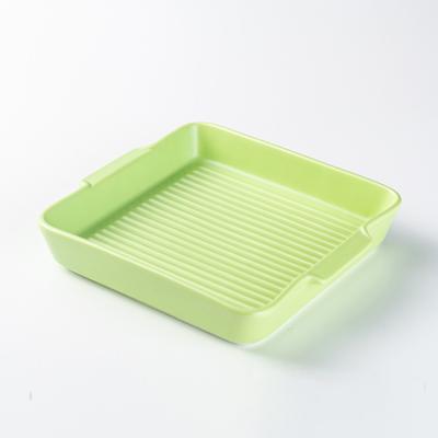 China Viable Glazed Porcelain Dish Restaurant Ceramic Dishes Kitchenware Colorful Baking Dish Nordic Dishes With Double Handle for sale