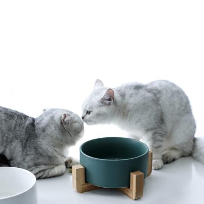 China Wholesale Custom Colorful Viable Water Animal Food Round Shape Cat Dog Bowl Ceramic Pet Bowls With Wooden Stand for sale