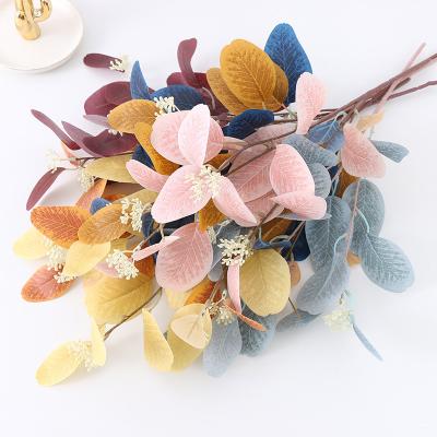 China Wholesale Greenery Leaf Colorful Artificial Silk Branch Eucalyptus Leaf Stem Plant and Grain Flower Home Events Decoration for sale