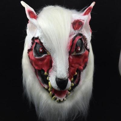 China Super Scary White Mask Wolf Headgear Latex Animal Fur Red Face Horror Wolf Head Zombie Mask Halloween Party Eco-friendly White Costume for sale