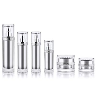 China BEAUTY PACKAGING 2019 New Design 30ml 50ml 100ml 120ml Round Acrylic Silver Airless Spray Pump Lotion Bottle Set for sale