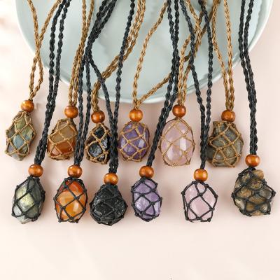 China Quartz Empty Crystal Stone Raw Stone Pendant Holder Adjustable BOHEMIA Necklace Rope Stone Necklace Cage Adjustable Rope for sale