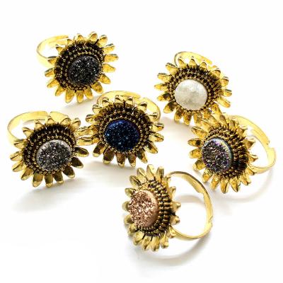 China Retro Statement Gold Sunflower Ring Agate Geode Ring Natural Druzy Rings CLASSIC for sale