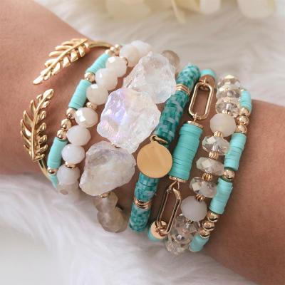 China Bohemia Bohemia Couples Bracelet Crystal Quartz With Polymer Clay Natural Stone Disc Beaded Stack Bracelets Sets for sale