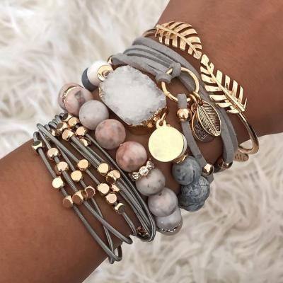 China BOHEMIA Bohemian Tassel Charm Bracelet Natural Amethyst Stone Beaded Stack Bracelets&bangles Set For Women for sale