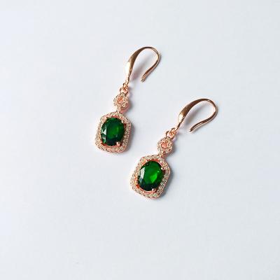 China FASHIONABLE High Sense Luxury Hot Selling Women Ear Hook Low Sale Rose Gold Square Red Diamond Green Stone Earrings for sale