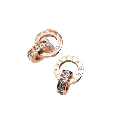 China FASHIONABLE 18K Gold Plated Titanium Rose Gold Stud Earrings Steel Anti-allergy Fashion Roman Circle Zircon Color Gold for sale