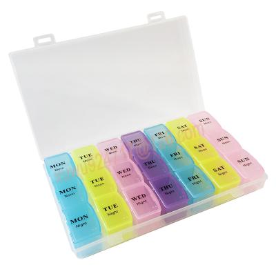 China Colorful Cheap Price PP Plastic 21 Compartments Weekly Plastic Pill Organizer 7 Days Pill Box 21 Cases for sale