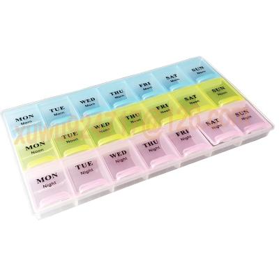 China Hot Sale PP Plastic Cheap Price Size 21 Compartments Large Weekly Pill Organizer Plastic 7 Days Pill Box 21 Cases for sale