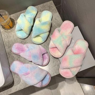 China New fashion trend plush single soft fashion cotton woolen slippers PVC cotton slippers colorful line crossing artificial wool slippers for sale