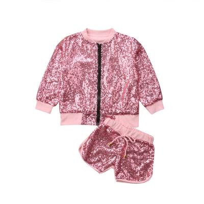 China Casual Boutique Children's Suit Girl's Suit Stand Top Sequin Collar + Shorts Fashion Sweet Children's Two-Piece Suit for sale