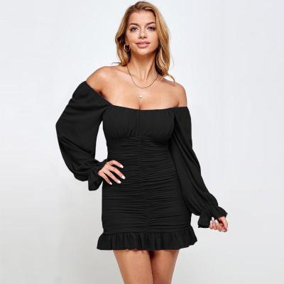 China New Solid Color Fashion Neck Long Sleeve Lotus Dress Breathable Sexy Straight Edge Leaf Long Sleeve Wrap Dress for sale