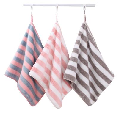 China Warp Knitted Absorbent Adult Towel Safe For Kids Dry Hair Face Towel Coral Color Stripe Velvet Towel for sale