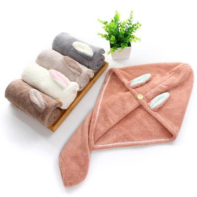 China Safe Thickened Soft Absorbent Hat For Children Dry Hair High Density Coral Towel Ear Towel Cartoon Rabbit Wool Dry Hair for sale