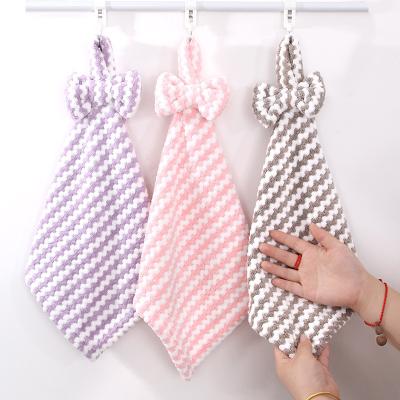 China Children's Safe Hanging Coral Hand Towel Velvet Lovely Soft Absorbent Bowknot Towel Kitchen Toiletry Towel for sale