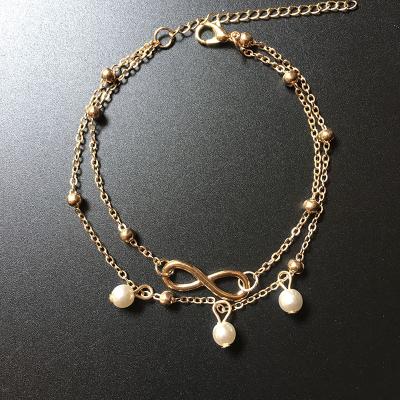 China Antioxidation Delicacy Double Layer Pearl Anklet Retro Imitation Pearl Gold Plated Shell Anklet For Women Pendant for sale