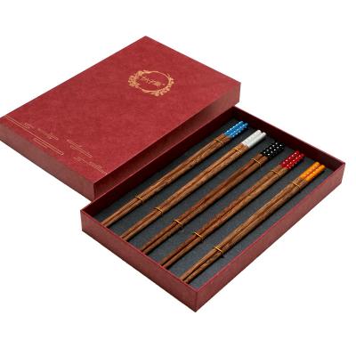 China Sustainable Red box 5 pairs custom trademark high-end metal head solid wood chopsticks gift box for sale