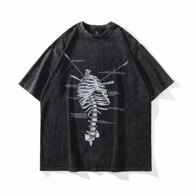 China Anti-wrinkle hip hop print skull cotton washed oversized men's clothing half-sleeve old retro high street T-shirt for sale