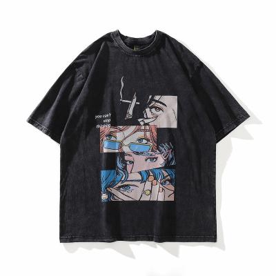 China Anti-wrinkle hip hop cartoon eyes printing cotton washed oversized men's clothing half-sleeve old retro high street t-shirt for sale