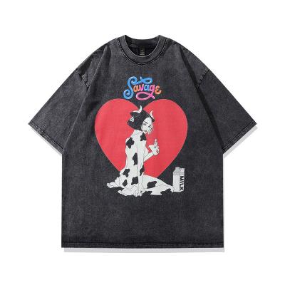 China Anti-wrinkle hip-hop cartoon love stain cotton washed oversized half-sleeve men's clothing old the high street retro T-shirt for sale