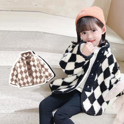 China Warm Winter Clothing Kids Windproof Thicken Outfits Girl Lamb Wool Padded Classic Rhombus Plaid Jacket Coat for sale