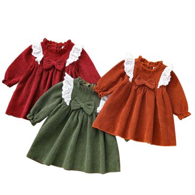 China Washable Infant Girls Spring Autumn Clothing Solid Color Long Sleeve Cute Bowknot Ribbed Ruffle Dress A Line Princess Dress for sale