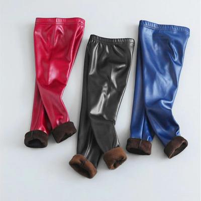 China Winter Breathable Kids Gaiters Babies Thick Velvet Leggings Stretch Pencil Pants Kids Warm Pants Black Pu Leather Thin Pants for sale