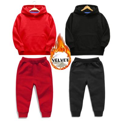 China Children Hoodies Casual Pants Kids Thickening Velvet Two-Piece Panties Set Boys Girls Winter Solid Color Tracksuit Sweatsuit Custom for sale