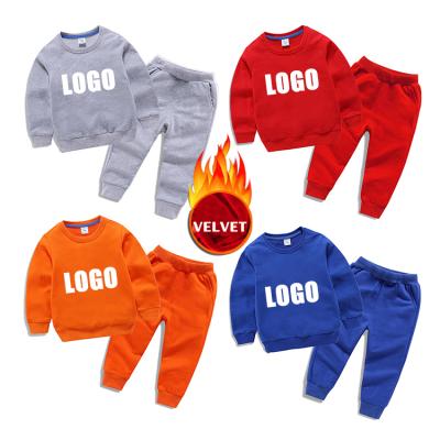 China Kids Casual Custom Velvet Boys Girls Two Piece Set Winter Warm Clothes Solid Color Set Tracksuit Outfits Pullover Casual Sweatsuit for sale