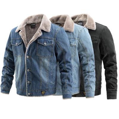 China Regular Fashion Decline Collar Denim Jacket Men Blue Winter Plus Size Fleece Warm Casual Motorcycle Jean Jacket for sale