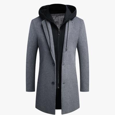 China Quality Wool Polyester Overcoat Plain Color Detachable Hat Men's Breathable Winter Slim Long Warm Coats for sale