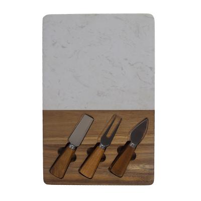 China Sustainable Acacia Wood and White Marble Cheese Cutting Board with Handle, Serving Tray, Charcuterie Tray for Cheese, Fruit, Meat for sale