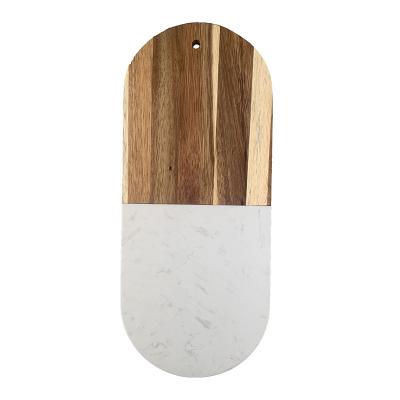 China Sustainable Oval Acacia Wood and White Marble Cheese Cutting Board with Handle, Serving Tray, Charcuterie Tray for Cheese, Fruit, Meat for sale