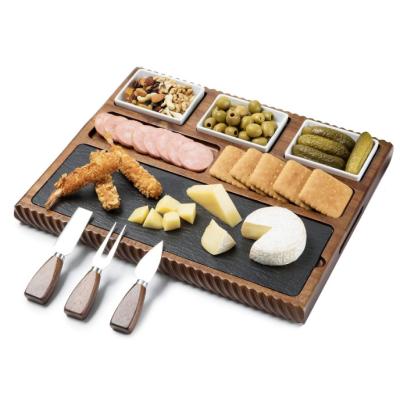 China Sustainable Premium Walnut Wooden Black Slate Cheese Board with Serving Cheese Tools Cheese Charcuterie Plate-Perfect Board-For Any Occasion for sale