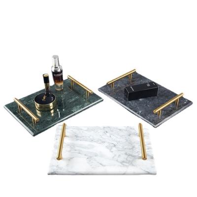 China Decorative Sustainable Marble Stone Tray, Handmade Nightstand Tray with Copper-color Metal Handles for Counter, Vanity, Dresser, Nightstand for sale