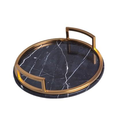 China Sustainable Elegant Marble with Gold Handle Serving Panel Round Marble Tray for Vanity with Handles, Geode Tray for sale