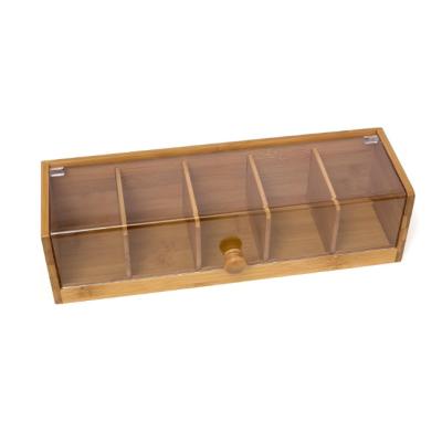 China Sustainable Bamboo Wood and Acrylic Tea Box with 5 Sections, Tea Chest Box for Gift for sale