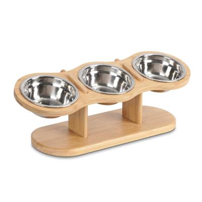 China Sustainable High Cat Bowls, Raised Pet Feeder with 3 Bowls for Cats Puppy, 15 Tilted Wooden Stand Pet Feeder for sale