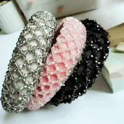 China Simple Elegant Crystal Glass Beads Crystal Headband Women' S Fashion Hand Sponge Wide-sided Headband for sale