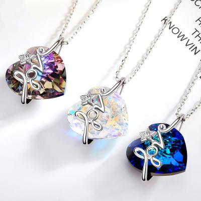 China Austrian Eco-Friendly Heart Crystal Necklace Pendant Female Sweater Crystal Heart Shape Pendant Necklace sea love chain blue for sale