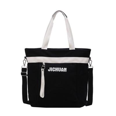 China High Quality Top Zipper Design Women Daily Basics Stylish Canvas Tote Bag Shoulder Handbag With One External Pocket for sale