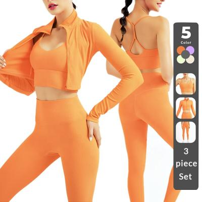 China Sustainable Fashion Workout Apparel Sports Wear For Women Fitness Yoga 2 3 Piece Yoga Set Women Ribbed Long Sleeve Sports Bra Yoga Set for sale