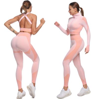 China Breathable Seamless Yoga Set 3 Piece Sportswear Gym Clothing Seamless Vest Bra Workout Gaiters For Women for sale