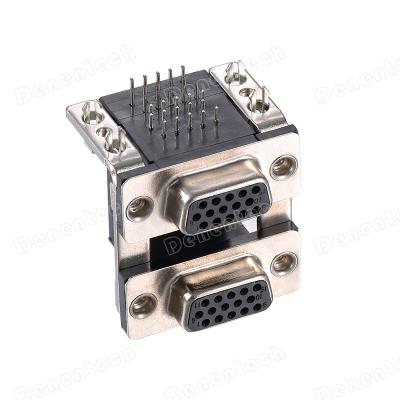 China Delentech PCB Hardware Parts Right Angle Dual Port HDR15 Female To HDR15 D-SUB Female Connector for sale