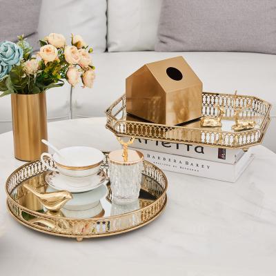 China American Minimalist Scandinavian Gold Mirror Metal Style Glass Fruit Tray Tabletop Storage Trays Decorative With Mirror for sale