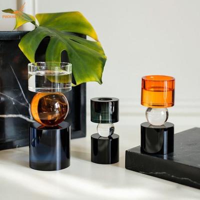 China Restaurant Home Hotel Cafes Black Color Crystal Stand Candlestick Nordic Home Decoration Glass Spicy Transparent Candle Holder for sale