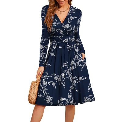 China Breathable Fall women's Wear Royal blue Printed Casual Long sleeve Pocket Women Dress Loose v-neck Midi Dress for sale