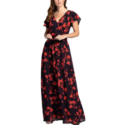 China Anti-wrinkle Spring and summer Western style high waist broken flower elegant long skirt female casual evening party V-neck dress for sale