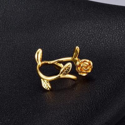 China Hiphop 18K Gold Plated Flower Stereoscopic Rose Leaf Open Ring Stainless Steel for sale